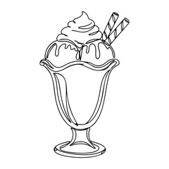 Ice cream sundae vector line art of a dessert glass filled with scoops, whipped cream, and wafer sticks, drawn in minimal one-line style for cafe branding and menu illustrations.