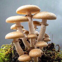 A cluster of light brown fungi emerges from a mossy base, indoors