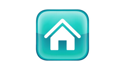 A white house icon on a glossy aqua blue square button isolated on a white background