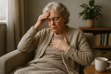 Senior woman experiencing headache and chest pain at home