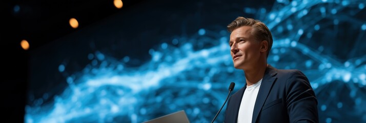 Caucasian male speaker presenting at technology conference