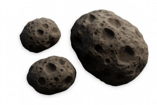 Asteroid rocks floating in space with impact craters, transparent background for astronomy and science concept