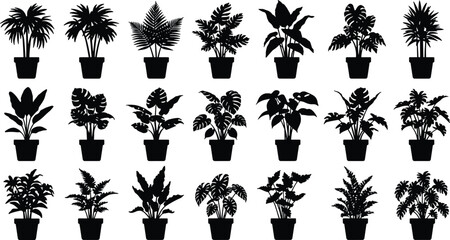 Plant silhouettes, black botanical icons, tropical foliage shapes, potted plants, graphic design elements, leaf variety, minimalist decor, vector illustration