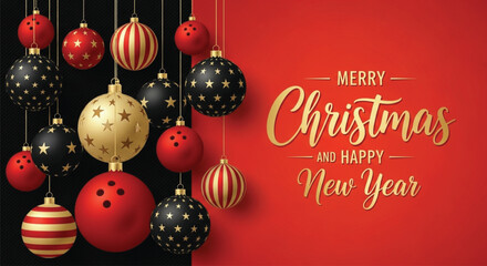A festive Christmas background featuring hanging ornaments in red, black, and gold, complemented by a Merry Christmas and Happy New Year greeting on a red backdrop.