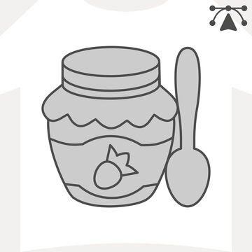 Jar of strawberry jam isometric icon, sweet food concept. Vector graphics. Jam jar with tablespoon sign and editable stroke, outline style icon for mobile or web design.