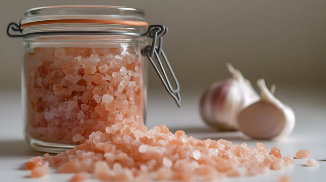 Still life featuring a jar filled with pink Himalayan salt, complemented by a small pile of the same salt spilling onto the surface and garlic bulbs as a seasoning ingredient.