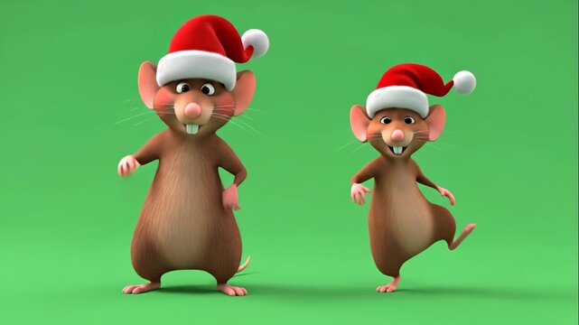 Cartoon Mice Wearing Santa Hats - Two cartoon mice wearing Santa hats are standing against a green background.