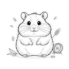 Coloring image of cute hamster, black and white, crisp lines, white background, sketch style, children’s coloring book, generative AI