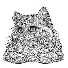 Coloring image of cute cat, black and white, crisp lines, white background, sketch style, children’s coloring book, generative AI