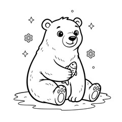 Coloring image of cute ice bear, black and white, crisp lines, white background, sketch style, children’s coloring book, generative AI