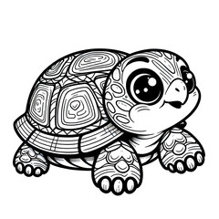 Coloring image of cute turtle, black and white, crisp lines, white background, sketch style, children’s coloring book, generative AI