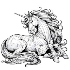 Coloring image of unicorn, black and white, crisp lines, white background, sketch style, children’s coloring book, generative AI
