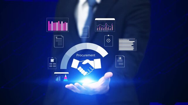 Businessman managing digital procurement system with contract and invoice workflow, representing e-procurement and vendor management.