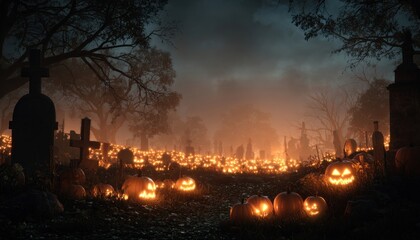 Obraz premium Halloween zombie scene with glowing pumpkins, spooky graveyard
