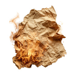 Obraz premium Close-up of burning crumpled old brown paper texture with glowing embers and smoke wisps