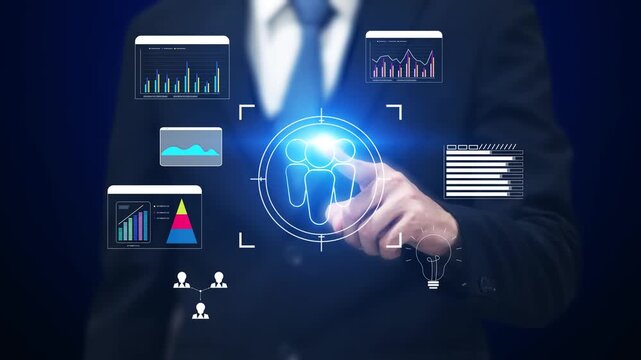 Futuristic interface displaying customer data analytics and AI-driven audience targeting for marketing and CRM solutions.