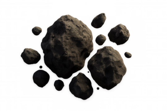 Asteroid field floating in space representing astronomy, science, cosmic travel, and exploration, transparent background