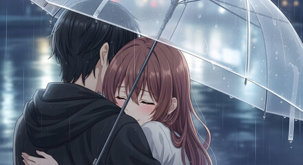 Anime couple hugging each other tightly in the rain