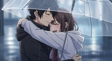 Anime couple hugging each other tightly in the rain
