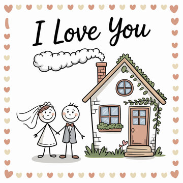 Everlasting Love's Embrace: An endearing illustration showcases a sweet couple, hand in hand, with a charming house as their sanctuary, all framed by hearts and the message I Love You.