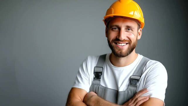 Portrait of young smiling pro worker wearing gray overalls white t-shirt on gray background, Caucasian man posing at camera, repairman, builder, engineer, construction worker, mech