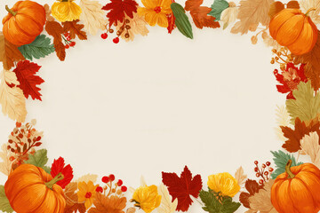 Festive autumn frame with pumpkins, colorful leaves and berries on light background with copy space. Ideal for Thanksgiving banners, invitations, posters, ads, social media and seasonal mockup