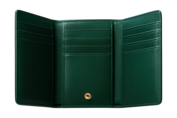 Emerald green compact trifold wallet featuring several card slots.