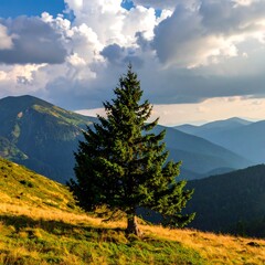 Evergreen tree stands on hillside overlooking distant mountain range