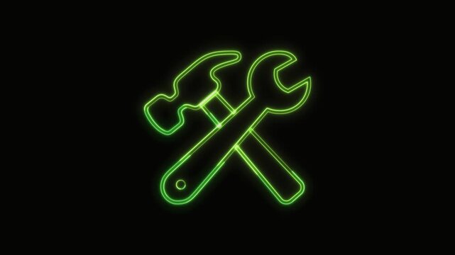 Hammer and Wrench Icon Neon Seamless Loop 4K with Black Background Animated Promotional Typography for Video Editing