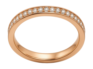 Rose gold ring with a line of small, embedded diamonds.
