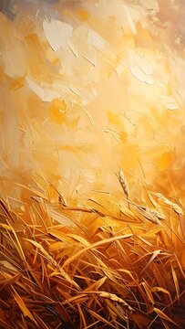 A golden wheat field bathed in warm sunlight, textured brushstrokes
