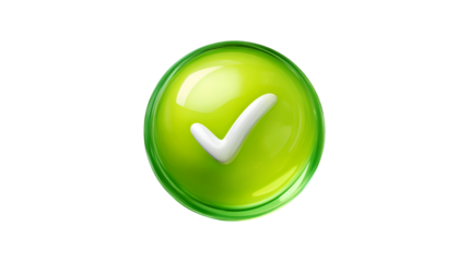 A shiny green circular icon featuring a white checkmark inside symbolizing confirmation success or approval