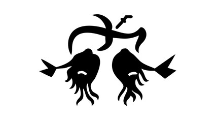 Stylized black and white illustration of two fish with tentacles and a bird above them in silhouette