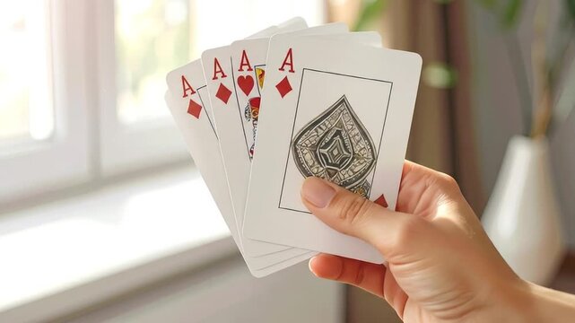 Aces High - Hand Holding Winning Poker Cards Near Window.