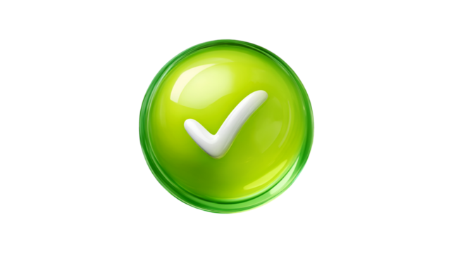 A shiny green circular icon featuring a white checkmark inside symbolizing confirmation success or approval