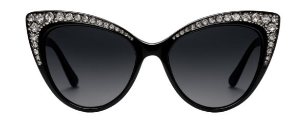 Cat-eye sunglasses adorned with crystals and dark tinted lenses.