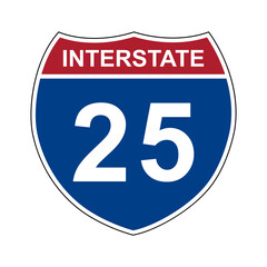 Interstate 25. Interstate highway sign. Road number. Signpost indicating route numbers in the U.S. Interstate Highway System. Even numbers run west to east. Odd numbers run north to south.