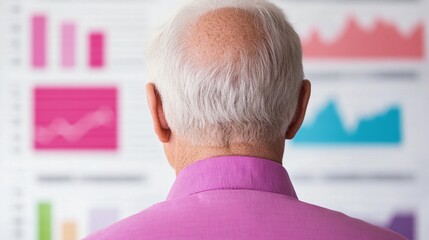 professional senior man observing financial graphs and data visualizations during a business presentation in an office setting