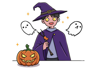 cheerful  man dressed as a wizard celebrates Halloween with friendly ghosts and a pumpkin Vibrant colors and a playful illustration style create a festive mood Perfect for seasonal marketing!