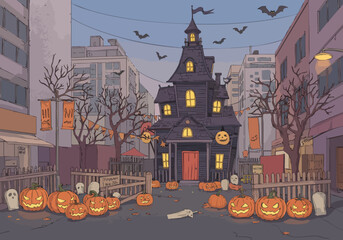 charming Halloween scene featuring a spooky Victorian mansion decorated for the holiday Pumpkins bats and banners create a festive atmosphere Perfect for autumn Halloween or seasonal marketing