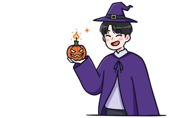 cheerful  man dressed as a wizard holds a jack-o'-lantern celebrating Halloween Vibrant purple robes and a festive expression create a playful charming image Perfect for Halloween promotions