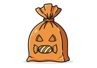 A cheerful candy treat bag with a smiling face holds sweets. Perfect for Halloween or party themes. Bright, playful illustration.