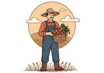 A cheerful farmer proudly displays a basket of fresh vegetables under a sunny sky. Rustic illustration style, perfect for harvest themes and agricultural marketing.
