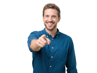 A man wearing a blue shirt is pointing at the camera with a bright smile, showing a friendly and positive demeanor.