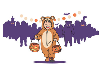 cute child in a bear costume joyfully carries pumpkins surrounded by Halloween decorations Vibrant colors and playful illustration style Perfect for Halloween or children's themes