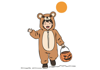 A cute toddler dressed as a bear enjoys Halloween, collecting treats in a pumpkin bucket. A playful scene with a spooky backdrop. Perfect for autumn and holiday themes.