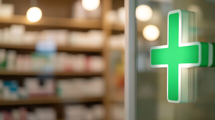 A vibrant green plus sign adorns a pharmacy window, signaling health services. Shelves of medicines blur in the background, a beacon of healthcare access in the community.