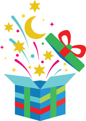 Magical night sky gift box surprise featuring stars moon and confetti for festive occasions T-shirt
