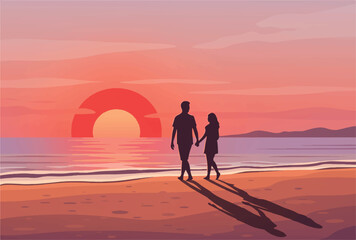 Couple walking on the beach at sunset with romantic ocean landscape