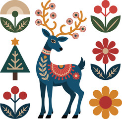Christmas Vector Design, Merry Christmas Vector Illustration, Holiday Season Vector Art, Christmas Decoration Vector, Winter Christmas Vector Design, Merry Christmas Reindeer Scandinavian Folk ornamen © Rita